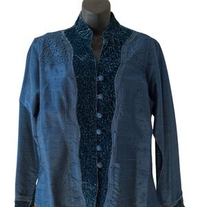 Chicos Raw Silk and Blue Velvet Shirt Jacket Top
